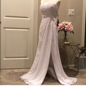 Strapless white formal dress with slit